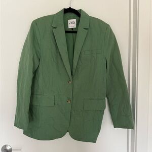 Zara Green Linen-Cotton Blend Blazer